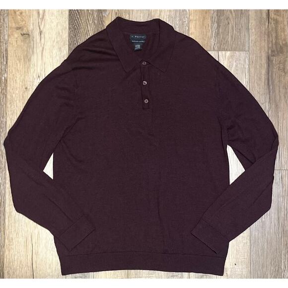 J Ferrar Sweater Mens Lg Washable Merino Wool Collared Polo Maroon Preppy Golf - Picture 2 of 6